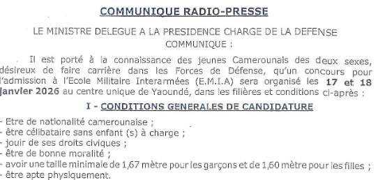 COMMUNIQUE RADIO-PRESSE PORTANT OUVERTURE DU CONCOURS DE L’ECOLE MILITAIRE INTERARMEES (EMIA)
