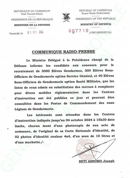 Concours pour le recrutement dans la Gendarmerie Nationale : remplacements des recrues pour divers motifs