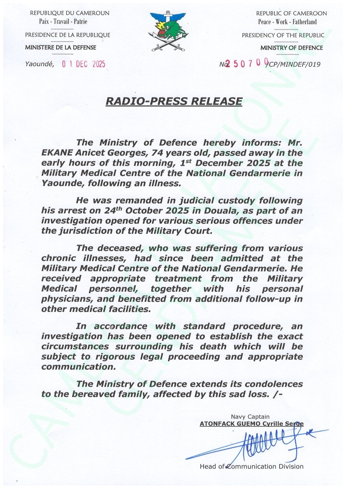 𝗥𝗔𝗗𝗜𝗢 𝗣𝗥𝗘𝗦𝗦 𝗥𝗘𝗟𝗘𝗔𝗦𝗘 : 𝗗𝗘𝗔𝗧𝗛 𝗢𝗙 𝗠𝗥. 𝗔𝗡𝗜𝗖𝗘𝗧 𝗘𝗞𝗔𝗡𝗘 𝗙𝗢𝗟𝗟𝗢𝗪𝗜𝗡𝗚 𝗜𝗟𝗟𝗡𝗘𝗦𝗦 𝗔𝗧 𝗧𝗛𝗘 𝗡𝗔𝗧𝗜𝗢𝗡𝗔𝗟 𝗚𝗘𝗡𝗗𝗔𝗥𝗠𝗘𝗥𝗜𝗘 𝗠𝗜𝗟𝗜𝗧𝗔𝗥𝗬 𝗠𝗘𝗗𝗜𝗖𝗔𝗟 𝗖𝗘𝗡𝗧𝗘𝗥