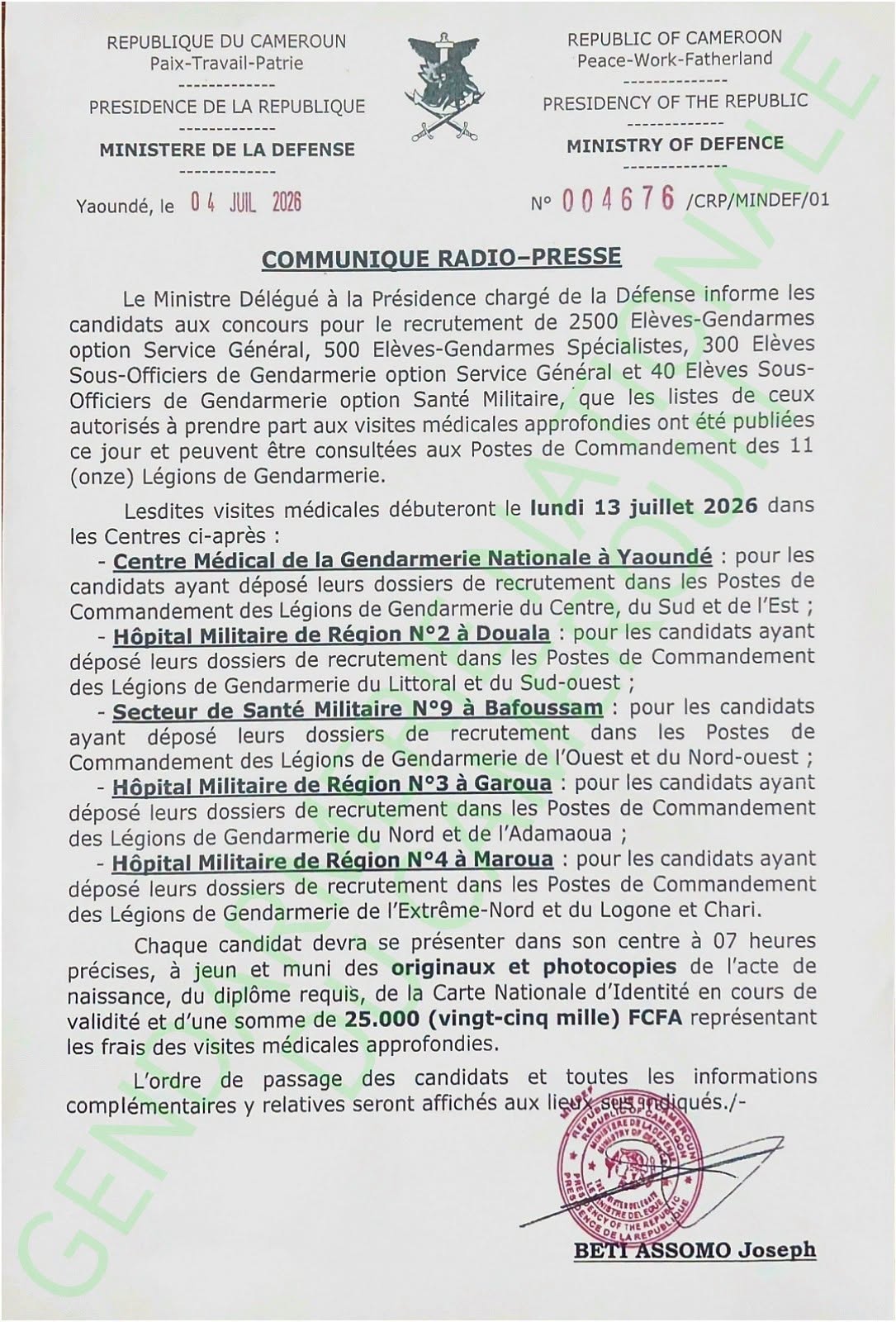 CONCOURS DU RECRUTEMENT DANS LA GENDARMERIE NATIONALE : LES CANDIDATS INVITÉS POUR LES VISITES MÉDICALES APPRROFONDIES