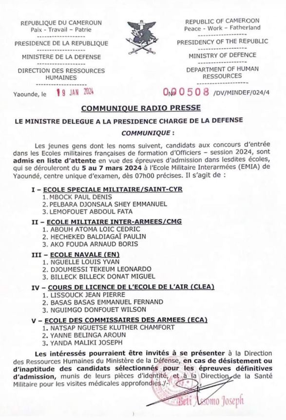 Concours d’entrée dans les Ecoles Militaires Françaises de formation d’Officiers- Session 2024 : Liste d’attente