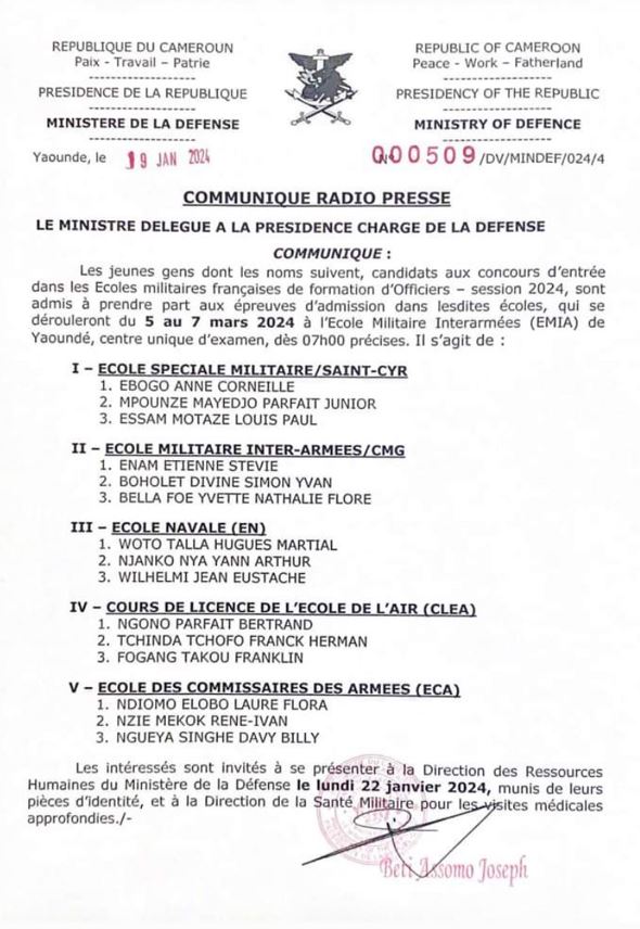 Concours d’entrée dans les Ecoles Militaires Françaises de formation d’Officiers- Session 2024 : Liste des candidats admis à prendre part aux épreuves d’admission dans lesdites écoles.