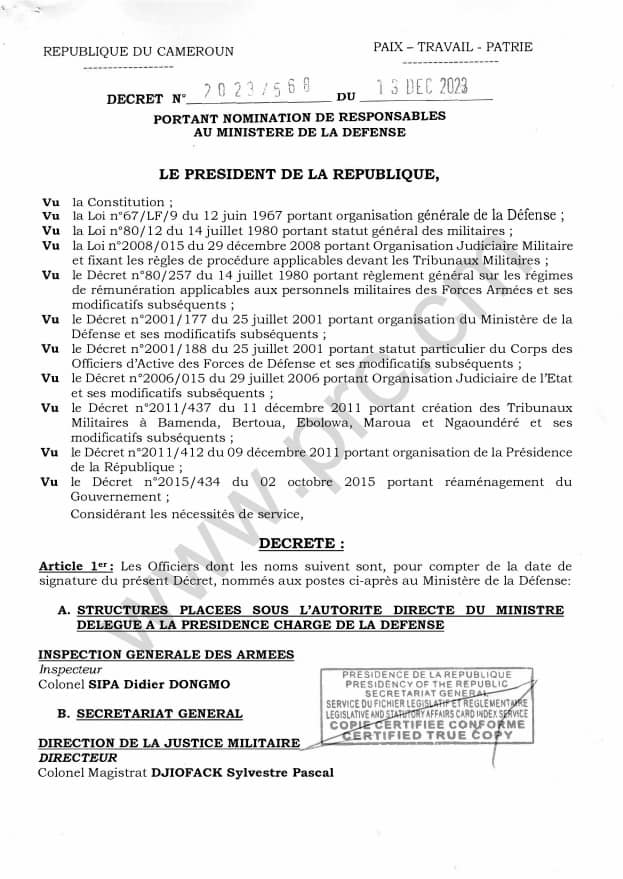 Nomination de responsables au Ministère de la Défense