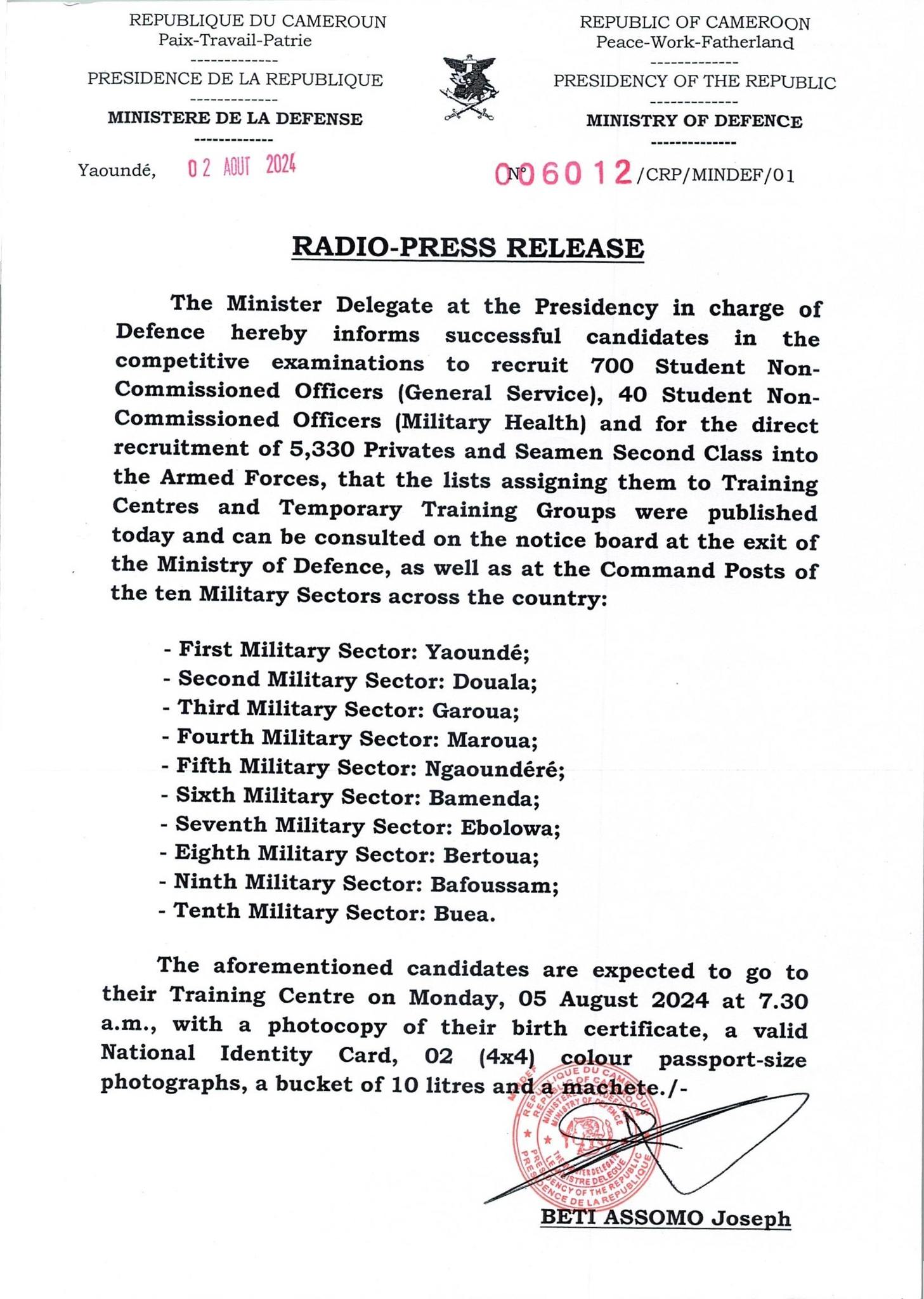 Lists assigning to Training Centres and Temporary Groups to recruit Student Non-Commissioned Officers, Privates and seamen Second Class