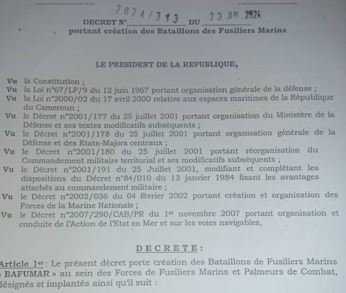 Décret portant création des Bataillons de Fusiliers Marins « BAFUMAR » au sein des Forces de Fusiliers Marins et Palmeurs de Combat