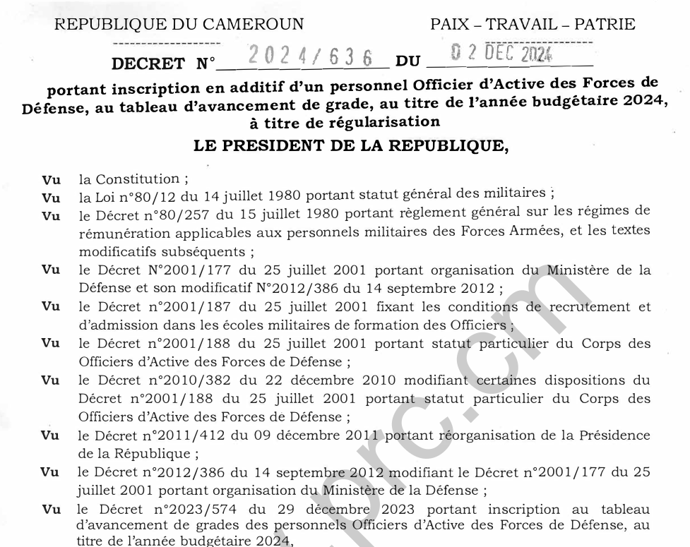 DECRET N° 2024/636 DU 02 DECEMBRE 2024  Portant inscription en additif d’un personnel Officier d’Active des Forces de Défense, au tableau d’avancement de grade, au titre de l’année budgétaire 2024, à titre de régularisation