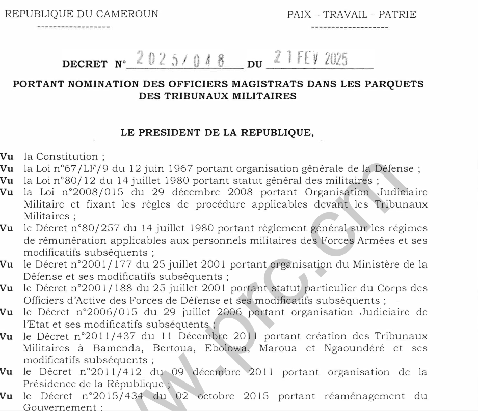 Décret N°2025048 du 21 février 2025 portant nomination des Officiers Magistrats dans les Parquets des Tribunaux Militaires