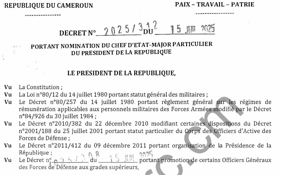 NOMINATION DU CHEF D’ETAT-MAJOR PARTICULIER DU PRESIDENT DE LA REPUBLIQUE