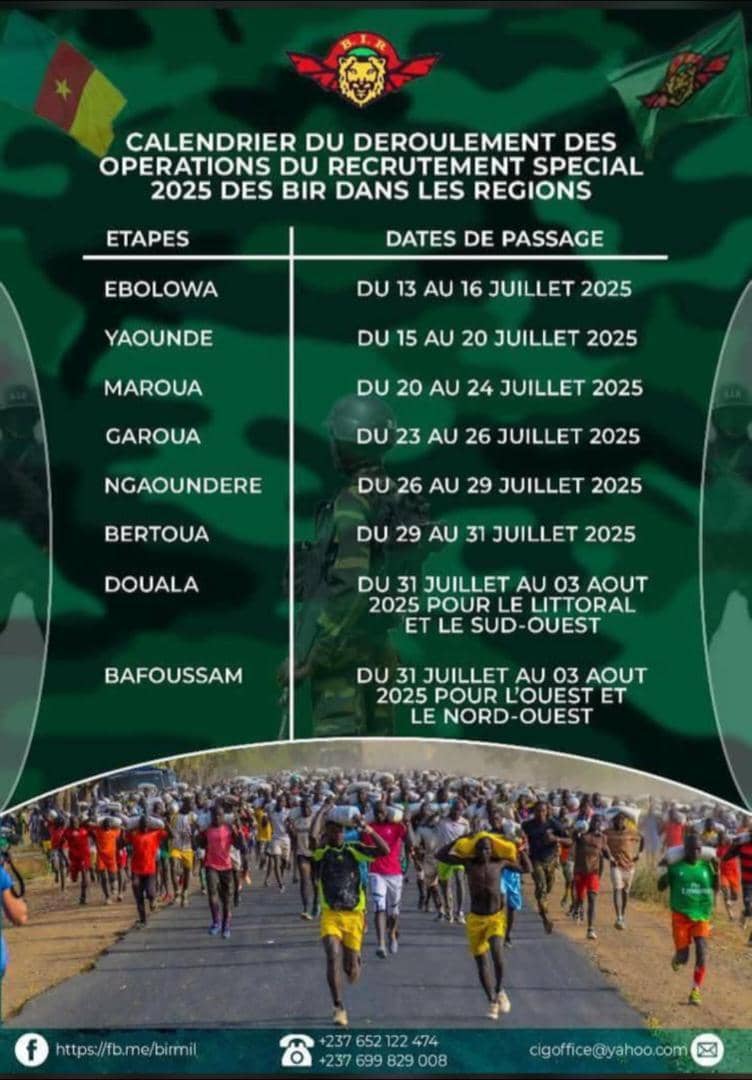 CALENDRIER DU DEROULEMENT DES OPERATIONS DE RECRUTEMENT BIR 2025 DANS LES REGIONS ADMINISTRATIVES DU CAMEROUN