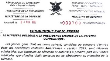 COMMUNIQUE RADIO PRESSE: Admissibilités aux épreuves de sélection au concours d’entrée dans les Académies Militaires Américaines-session 2025