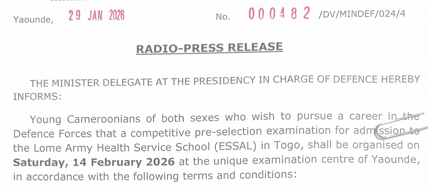 Competitive pre-selection examination for admission to the Lome Army Health Service School (ESSAL) in TOGO